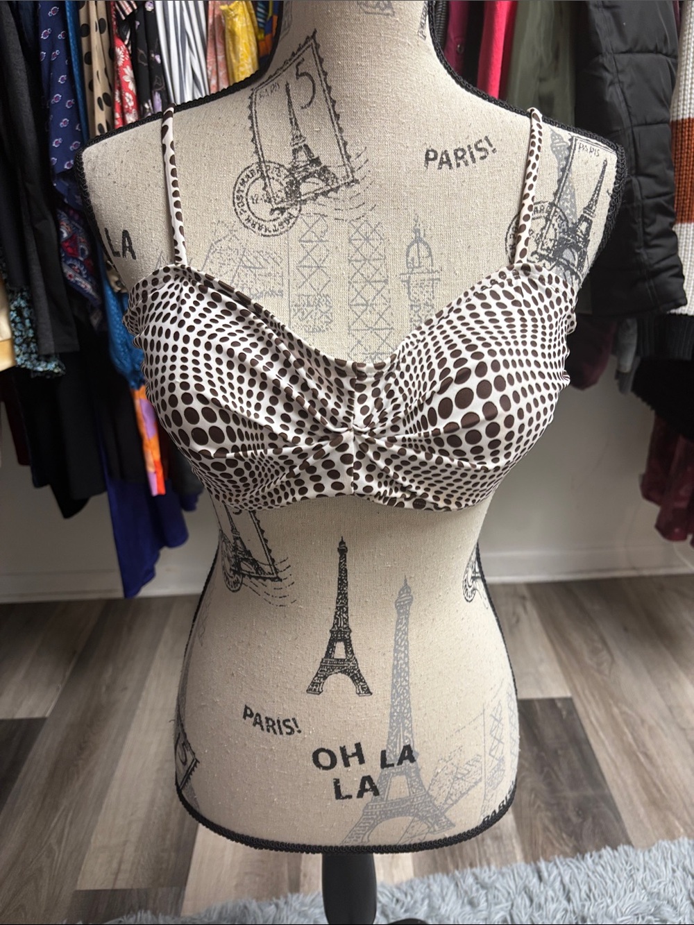 Brown and Off-White Polka Dot Ruched Bikini Top - Picture 1 of 16
